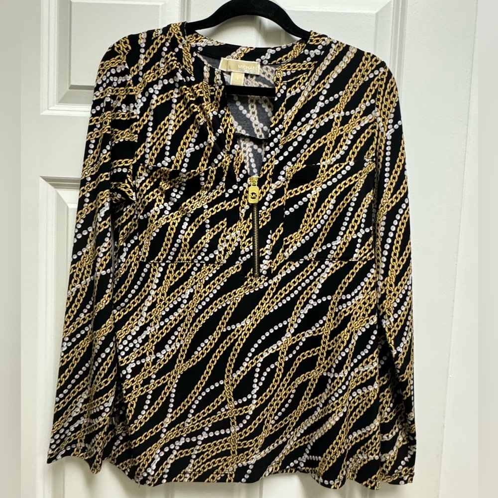 Michael Michael Kors Pearl Chain Half Zip Georgette Blouse